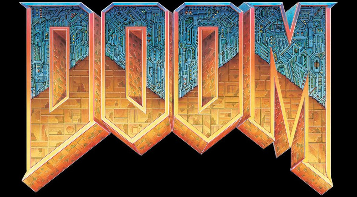 Classic Doom logo with blue mechanical details and orange industrial lettering