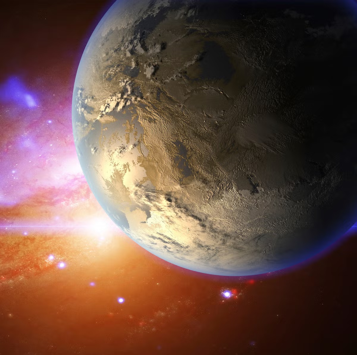 An exoplanet illuminated by a distant star against a colorful galactic nebula